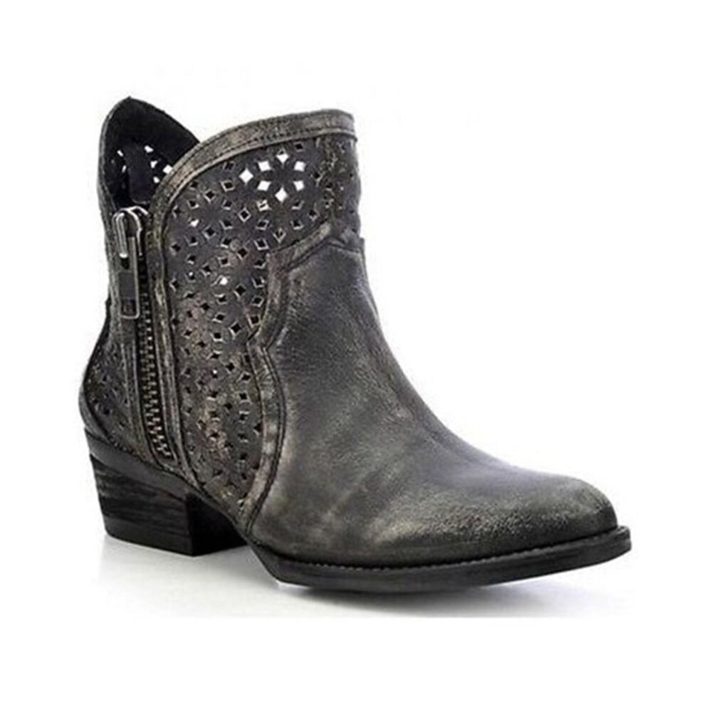 Corral Distressed Charcoal Gray Laser-Cut Leather Ankle Booties